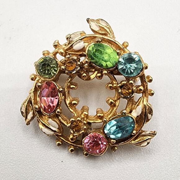 Vintage Wreath Scatter Pin White Enamel Leaves Pastel Rhinestones Mid-Century - Picture 5 of 5